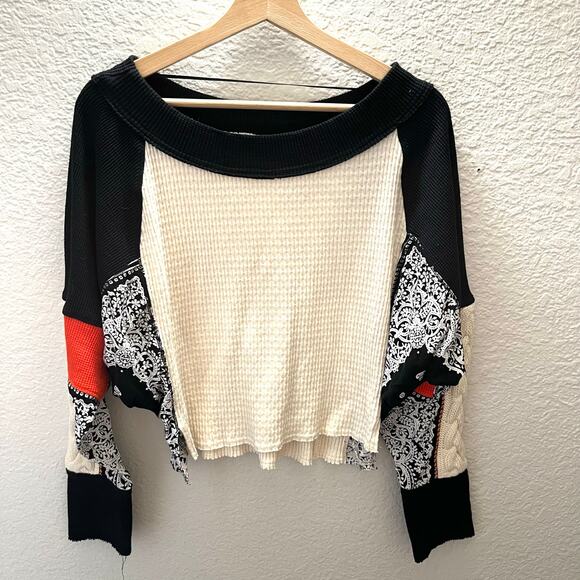 Free People Josie Patterned Knit Sweater XS Patchwork Pullover Boho Cropped - Picture 3 of 7